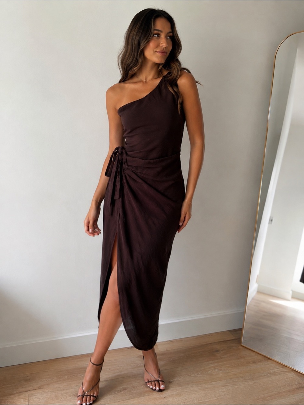 Free People One-Shoulder Wrap Midi Dress in Black